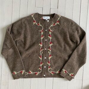 Elegant Brown Cardigan with Red Floral Embroidery